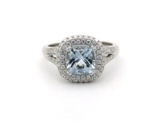 14K gold aquamarine and diamond double halo ring by Browns.