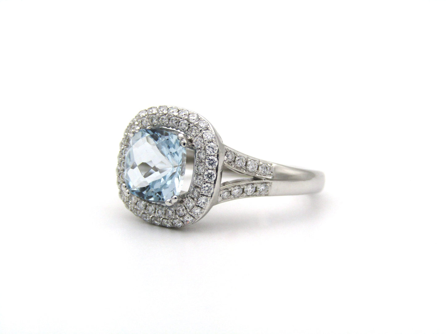14K gold aquamarine and diamond double halo ring by Browns.