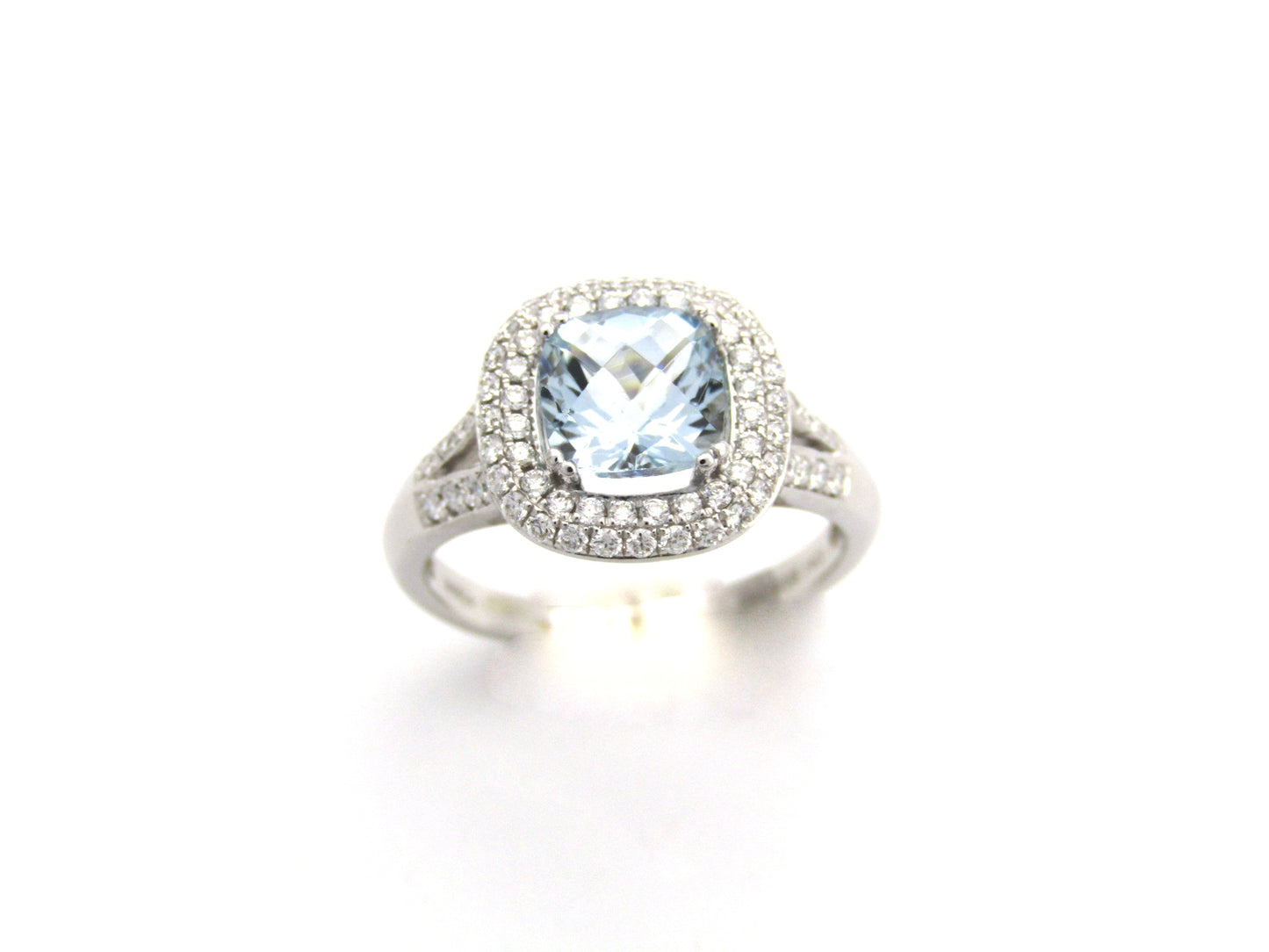 14K gold aquamarine and diamond double halo ring by Browns.