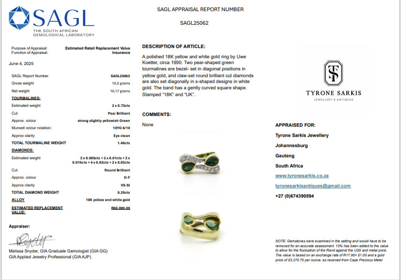 18K gold tourmaline and diamond ring by Uwe Koetter, circa 1990.