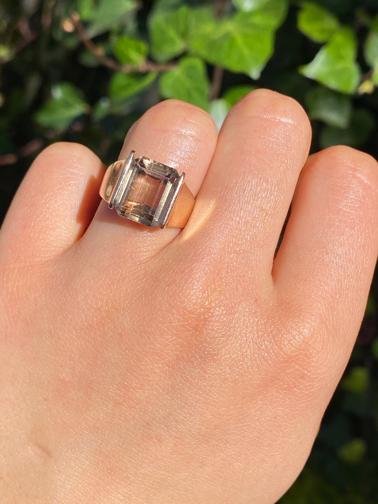 9K gold smoky quartz ring, circa 1970's.