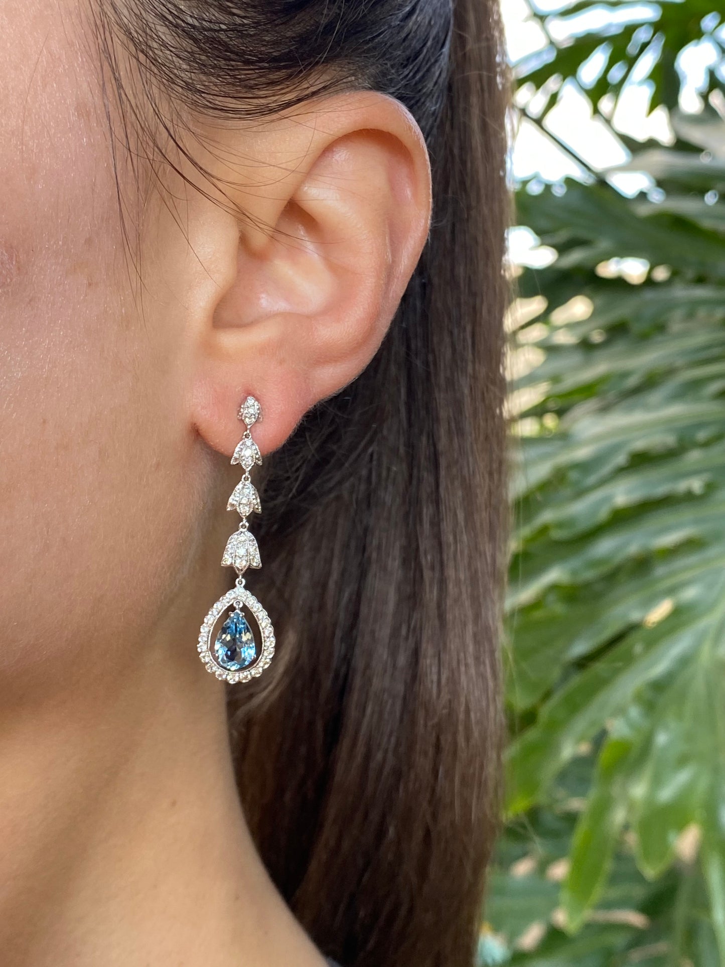 18K gold aquamarine and diamond drop earrings.
