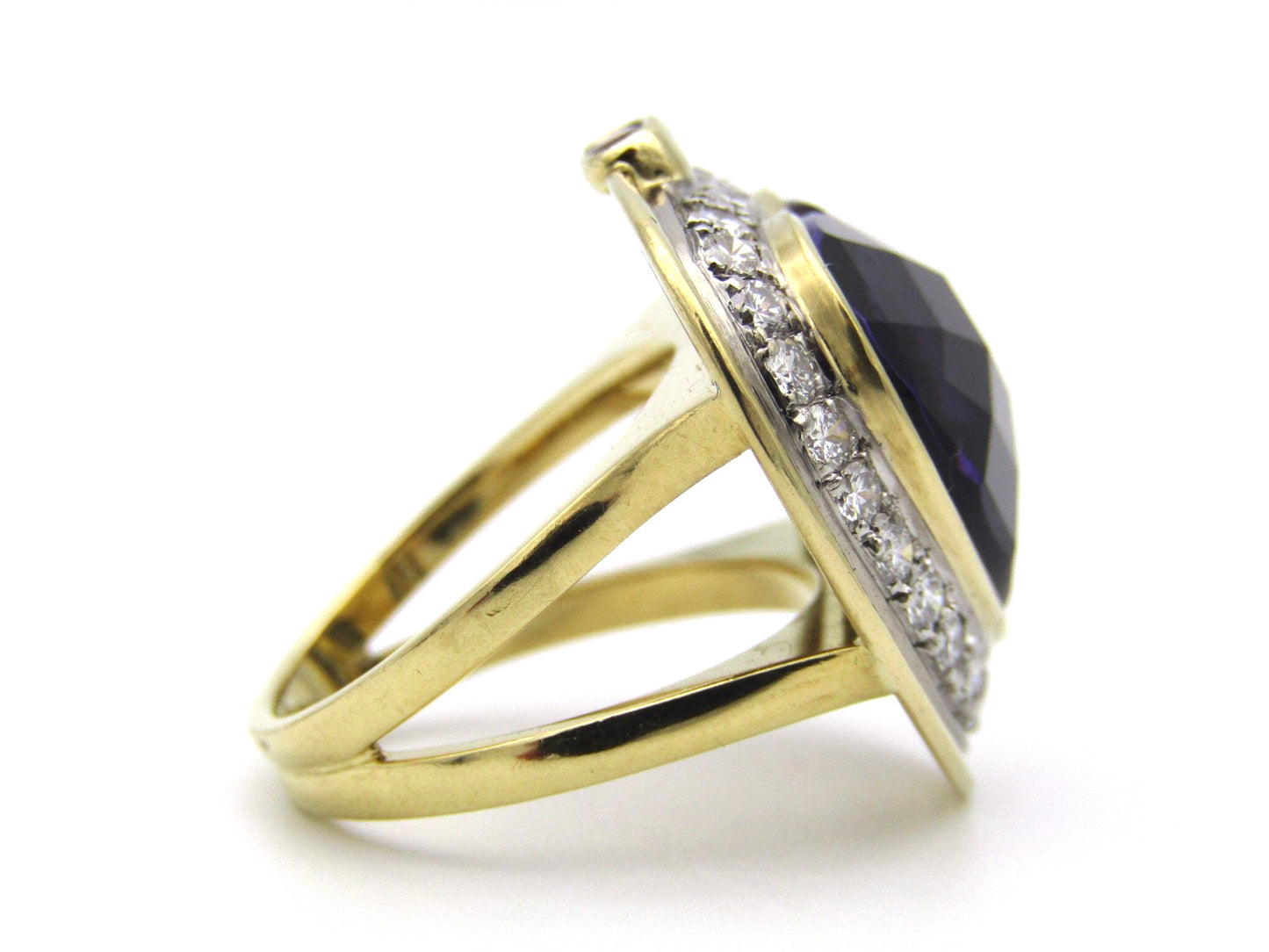18kt gold amethyst, diamond, and ruby ring.