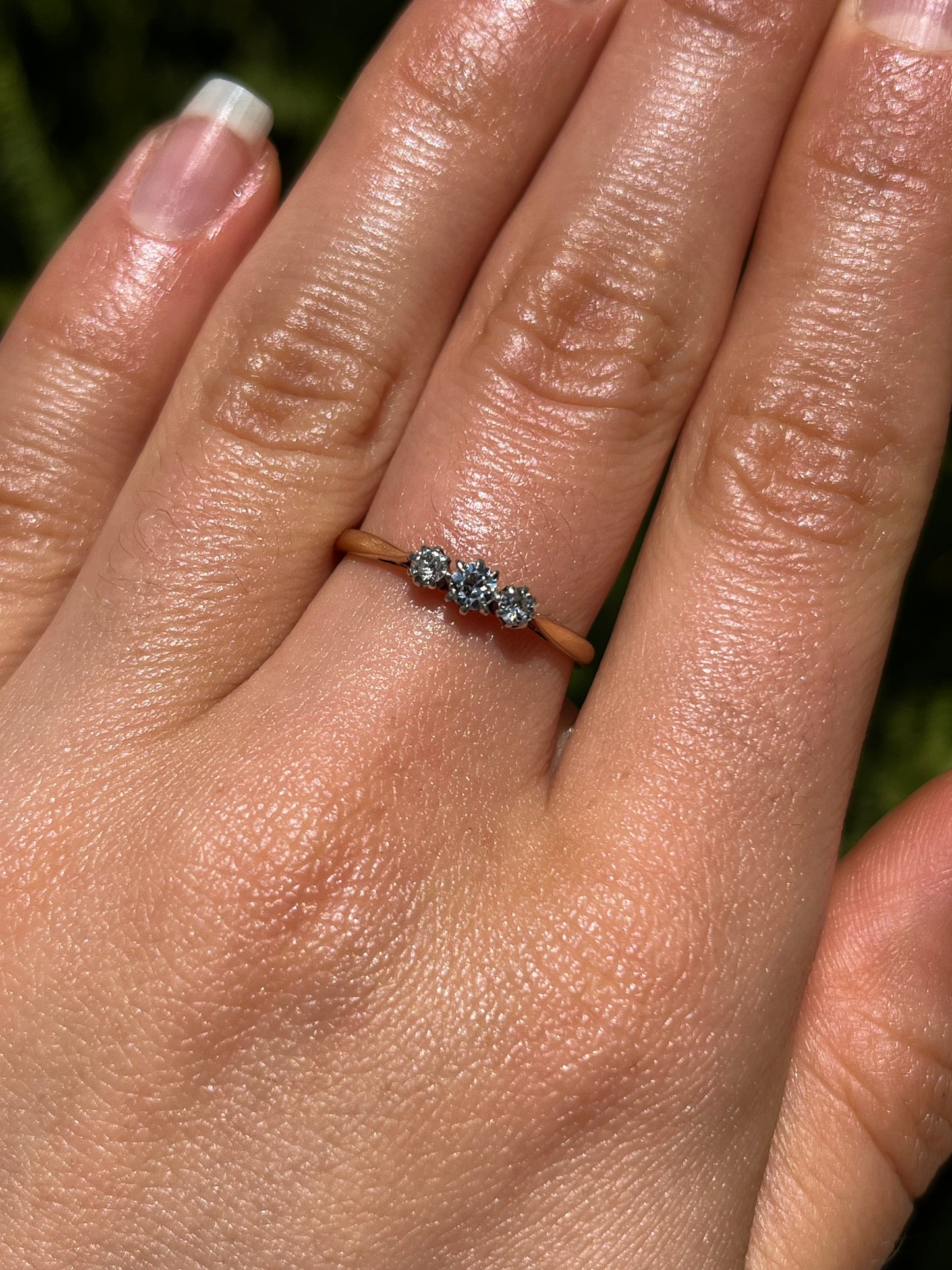 18K gold & platinum Three-stone diamond Edwardian ring, circa 1900.