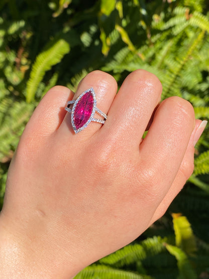 18K gold rubellite tourmaline and diamond ring.