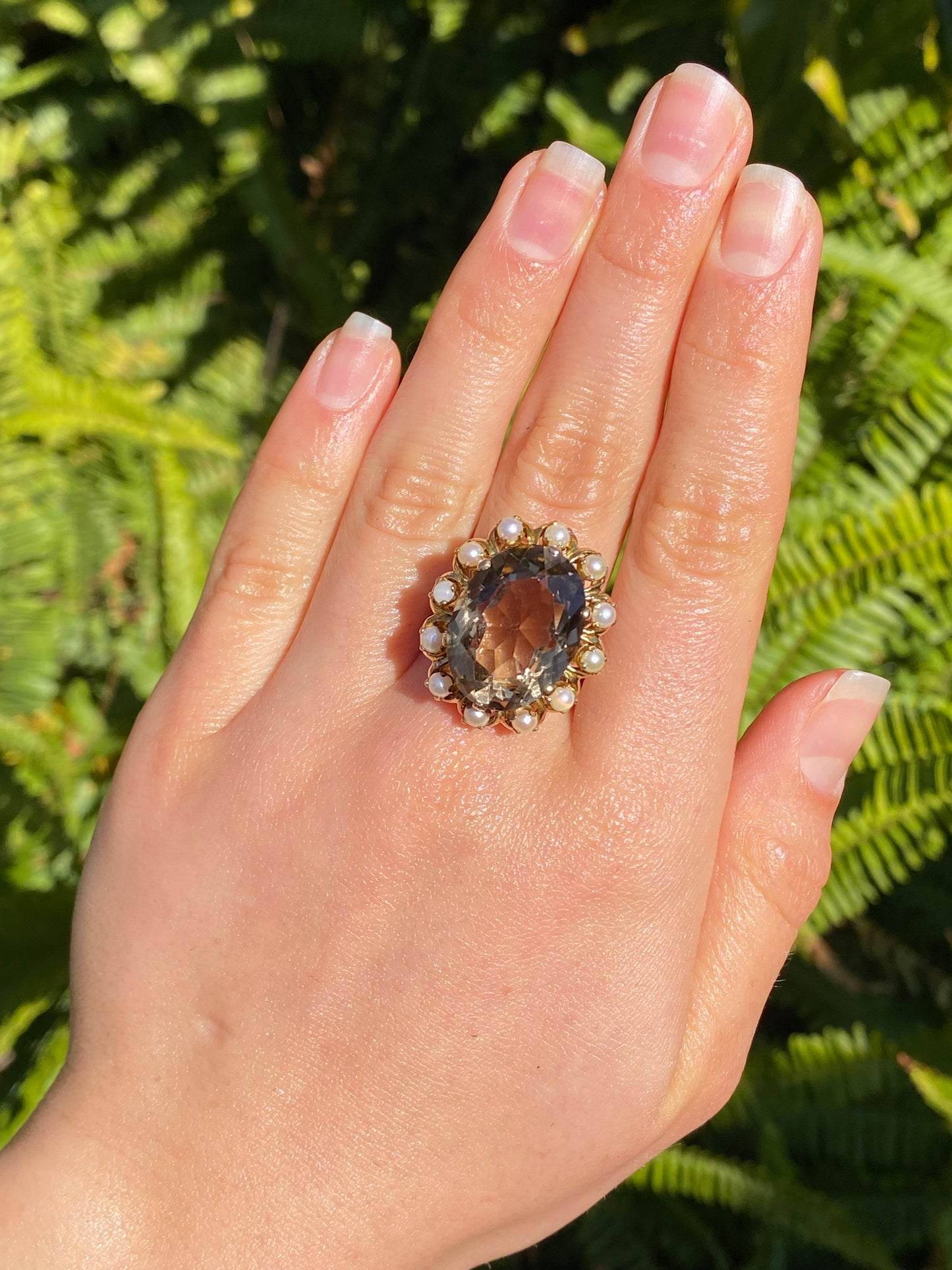 9K gold smoky quartz and pearl ring by Zeeta, circa 1950's.