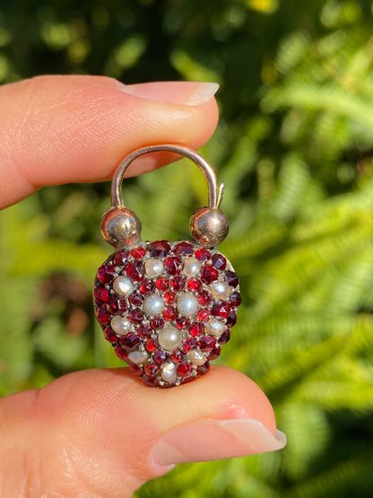 9K gold Victorian opal, garnet, seed pearl, and diamond locket and padlock clasp, circa 1850's.