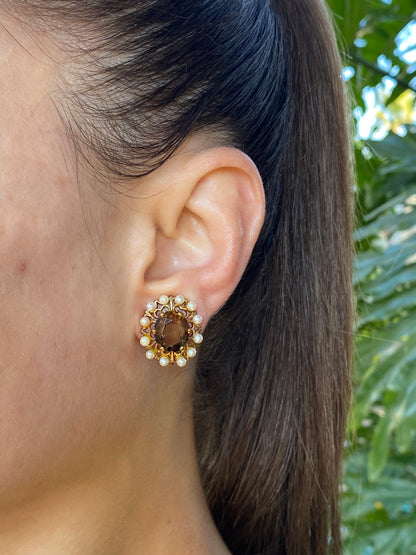 9K gold smoky quartz and pearl clip-on earrings, circa 1950's.
