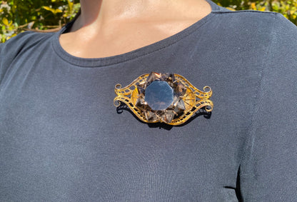 Large 9K gold smoky quartz brooch, circa 1950.