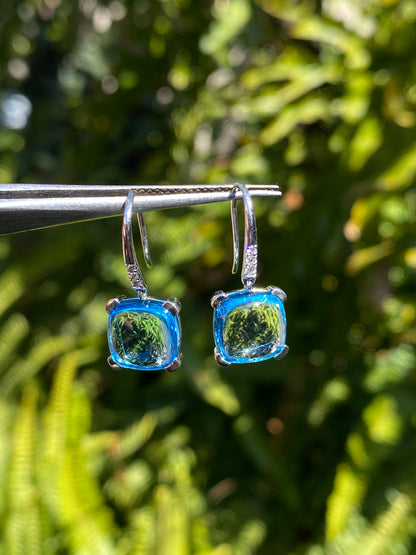 14K gold blue topaz and diamond drop earrings.