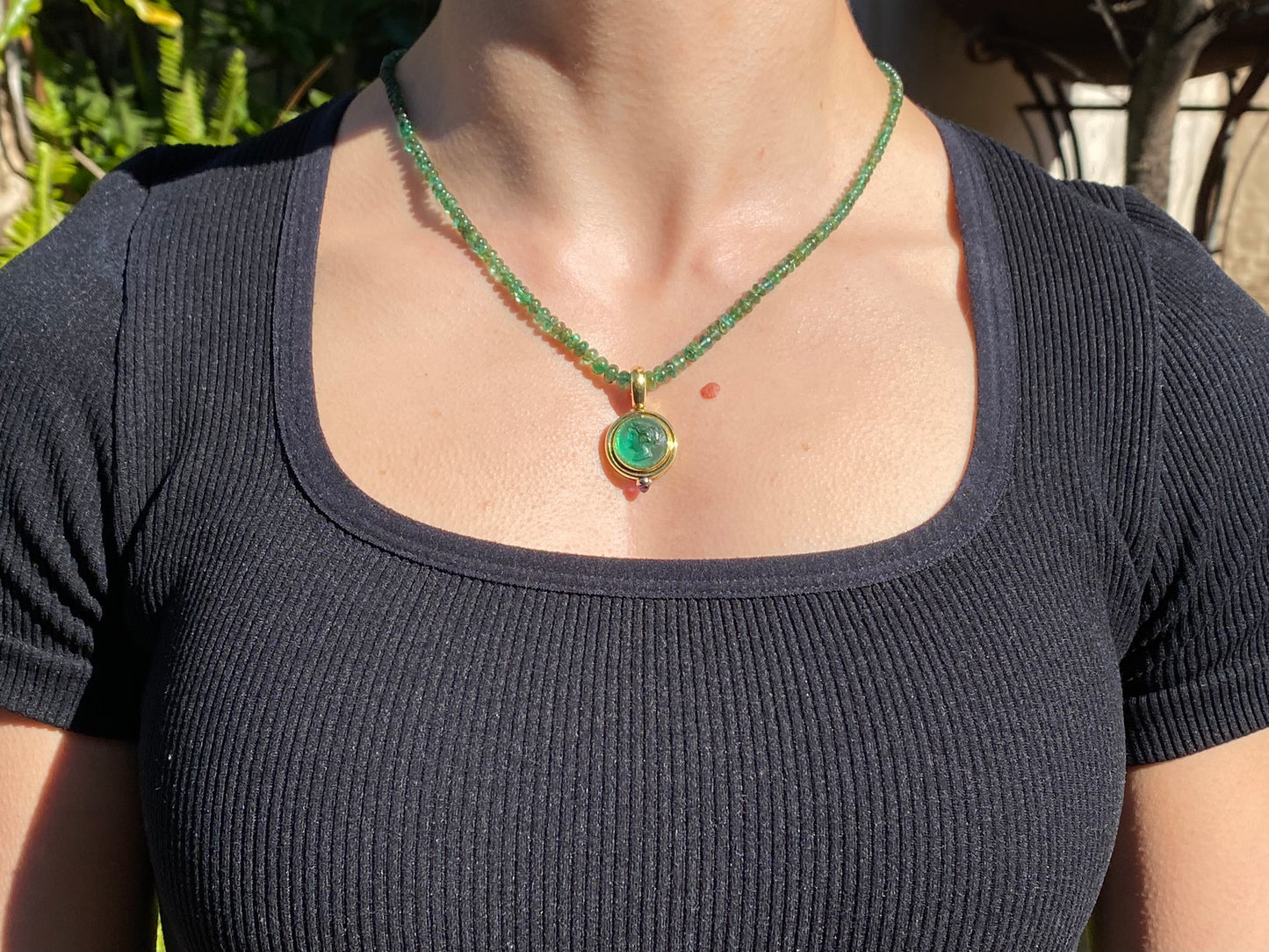 9K gold cameo glass and amethyst enhancer with emerald bead necklace.
