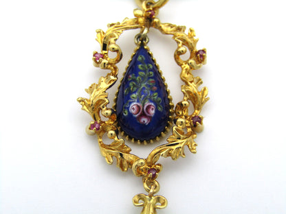 18K gold Georgian enamel, ruby, and seed pearl pendant with 18K gold popcorn chain by UnoAerre.