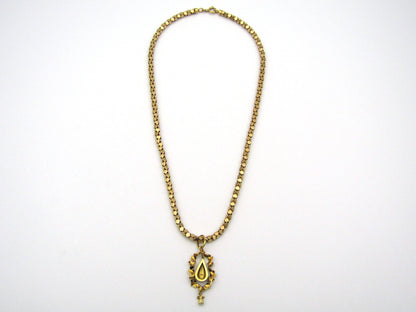 18K gold Georgian enamel, ruby, and seed pearl pendant with 18K gold popcorn chain by UnoAerre.