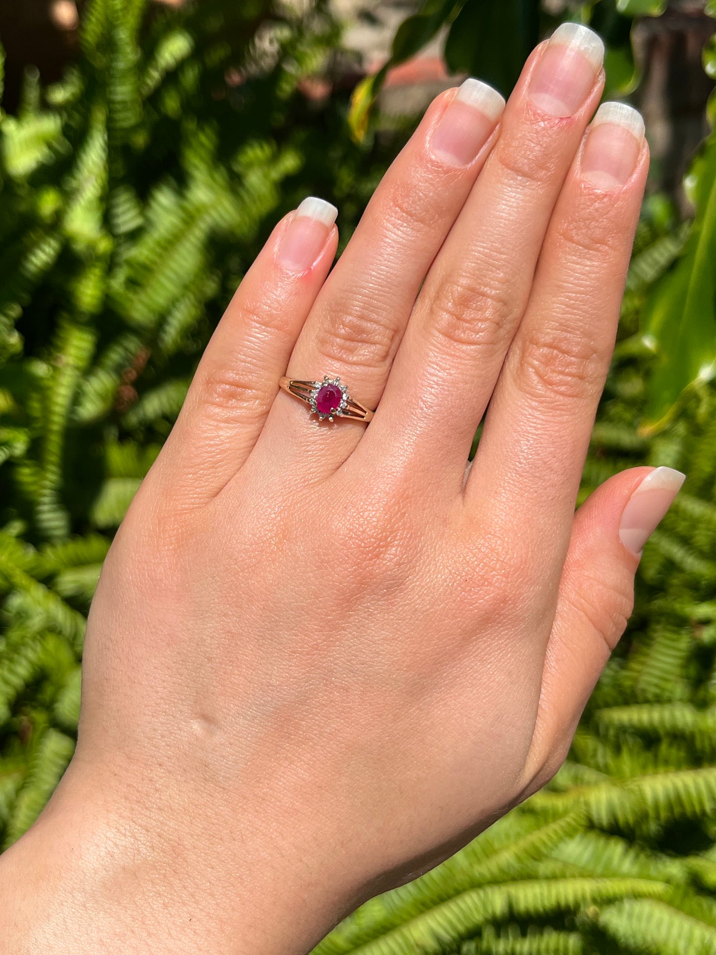 9K gold Vintage ruby and diamond halo ring, Birmingham, 2004.