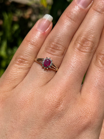 9K gold Vintage ruby and diamond halo ring, Birmingham, 2004.