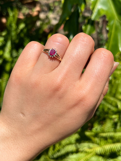 9K gold Vintage ruby and diamond halo ring, Birmingham, 2004.