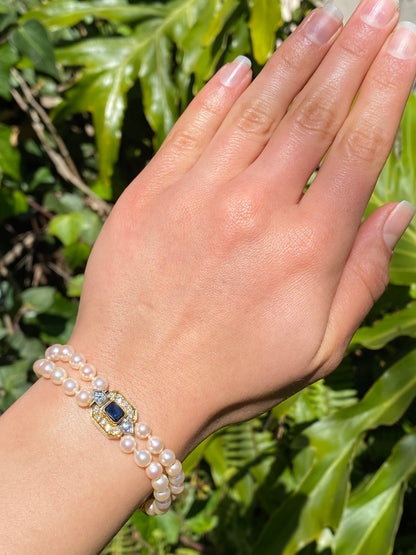 18K gold sapphire and diamond double strand Akoya cultured pearl bracelet, circa 1970's.