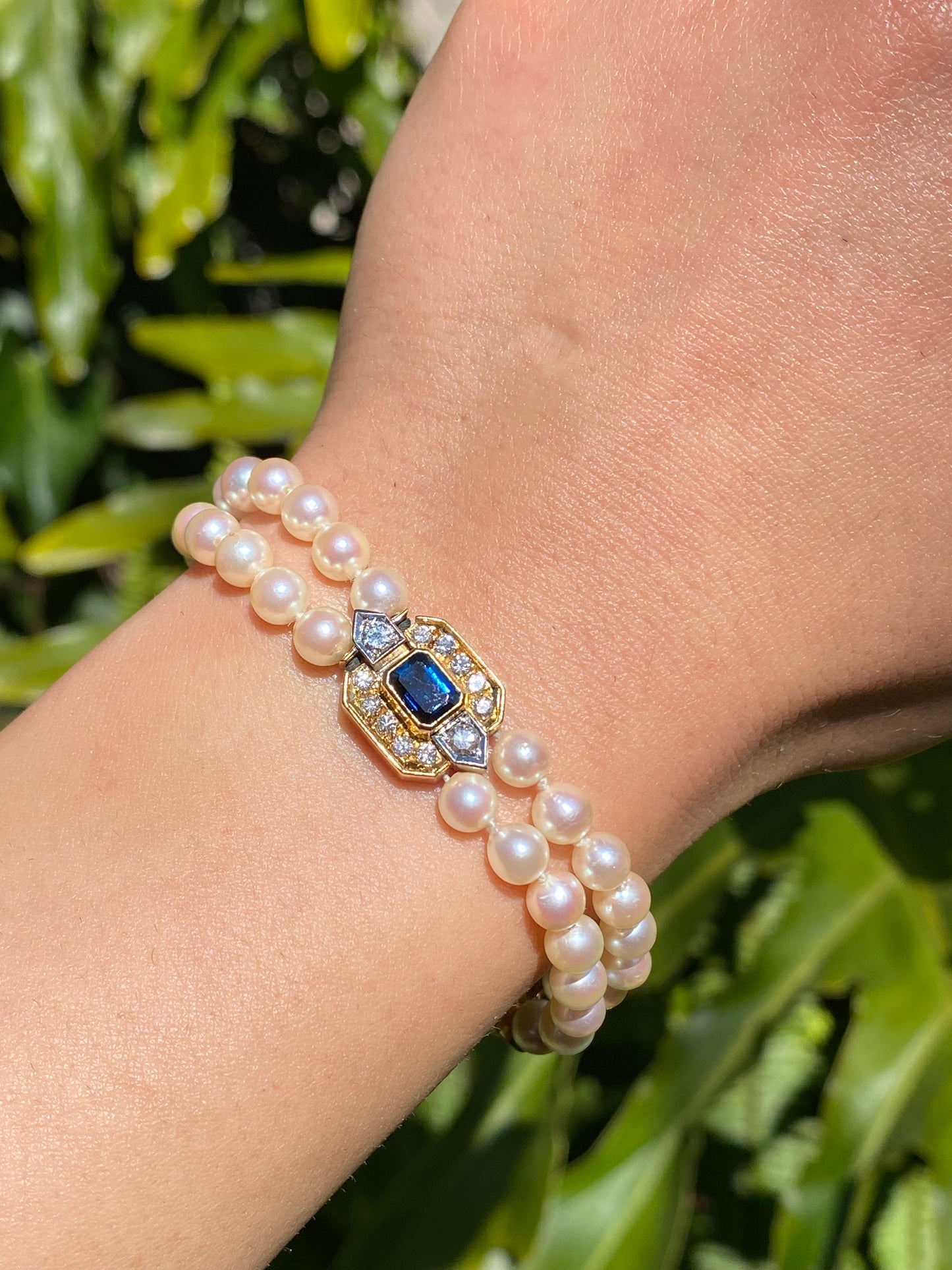 18K gold sapphire and diamond double strand Akoya cultured pearl bracelet, circa 1970's.
