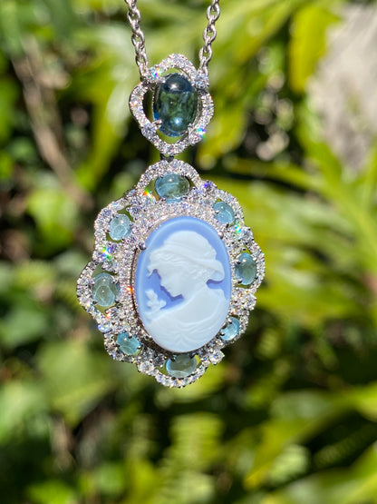 18K gold agate cameo, blue topaz and diamond pendant.