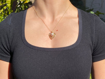 9K gold pink mabe pearl filigree heart pendant.