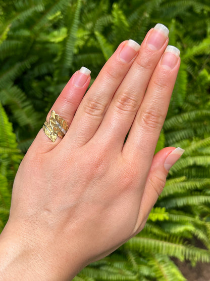 18K gold Retro diamond leaf-wrap ring, circa 1950's.