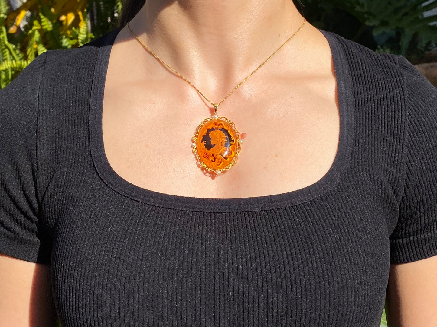 9K gold amber and cultured akoya pearl filigree pendant.