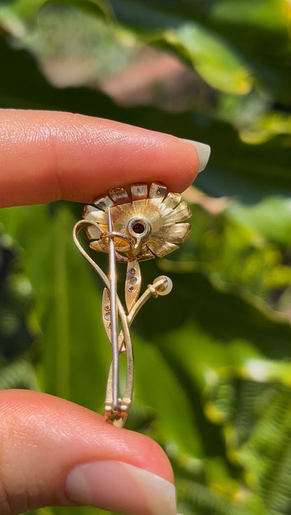 22K gold Edwardian ruby, diamond, and pearl sunflower brooch, circa 1900.