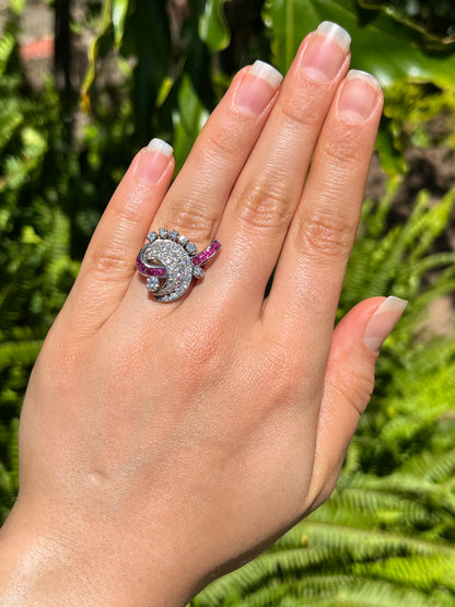 18K gold late Art Deco Burmese ruby and diamond cocktail ring, circa 1930's.