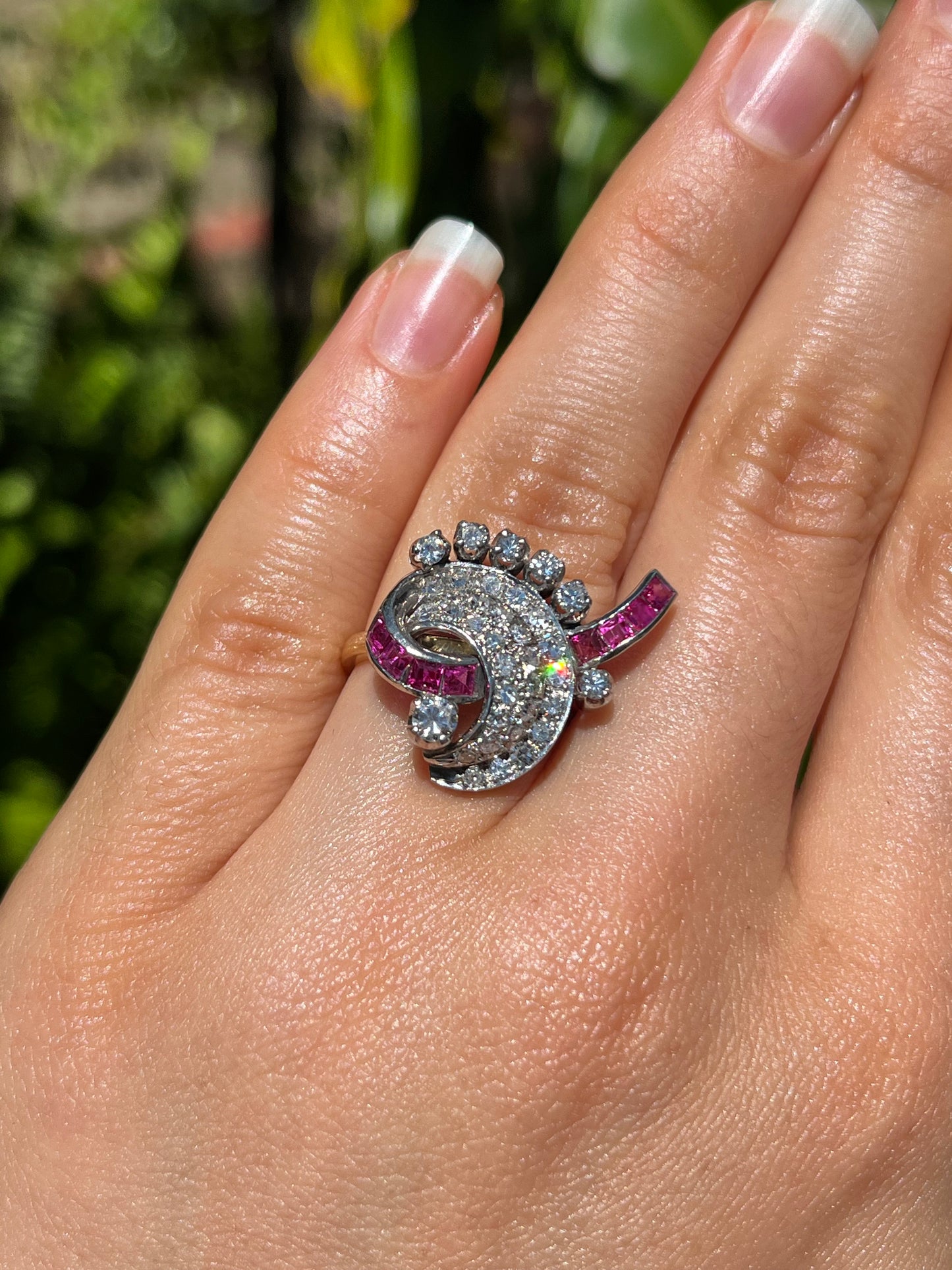 18K gold late Art Deco Burmese ruby and diamond cocktail ring, circa 1930's.