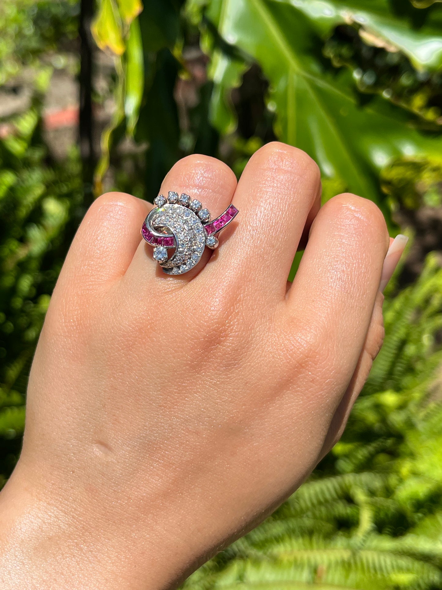 18K gold late Art Deco Burmese ruby and diamond cocktail ring, circa 1930's.