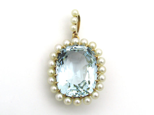 14K gold Victorian aquamarine and seed pearl pendant, circa 1880.