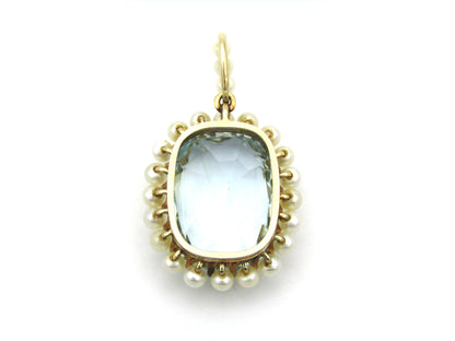 14K gold Victorian aquamarine and seed pearl pendant, circa 1880.