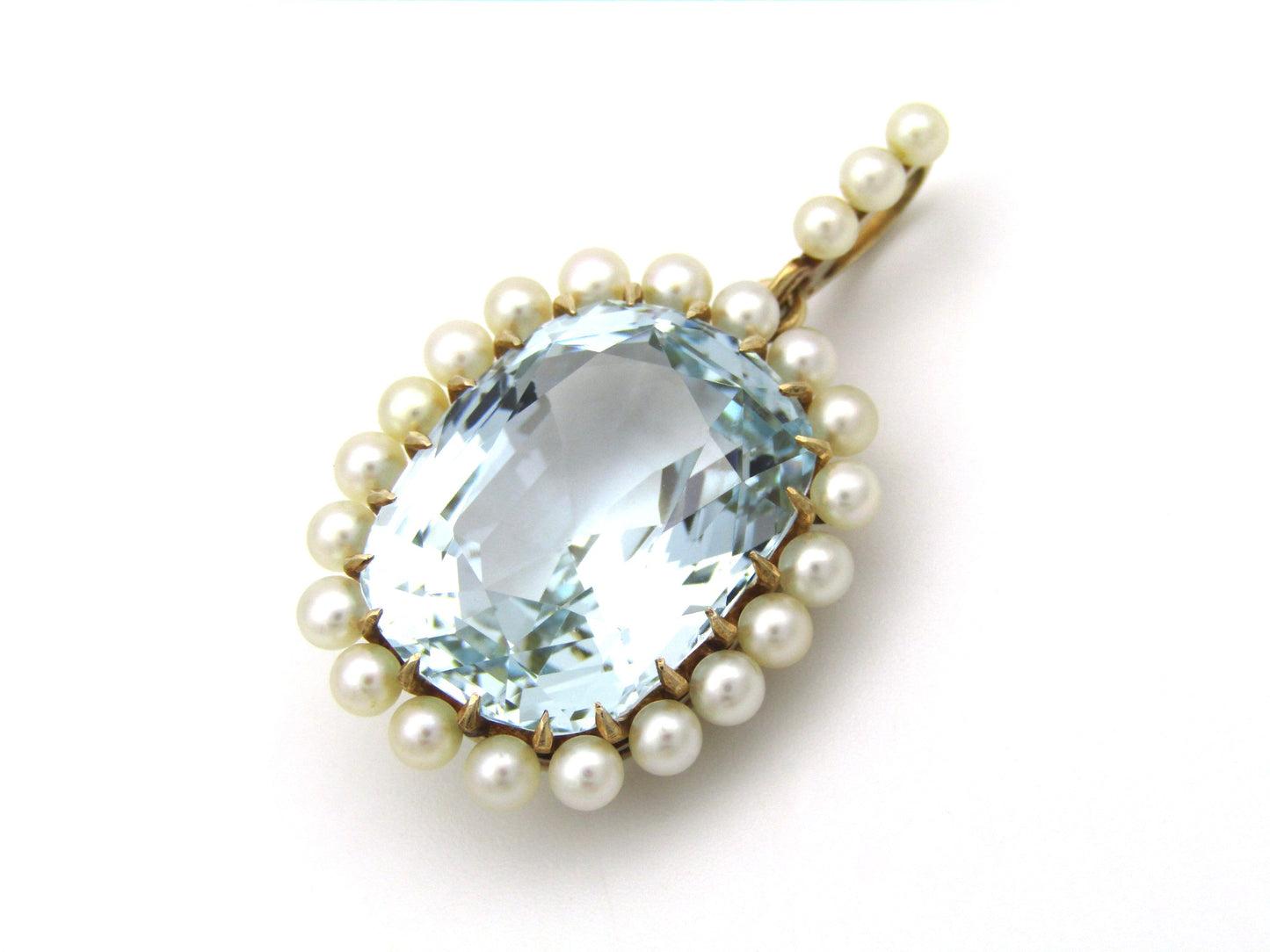 14K gold Victorian aquamarine and seed pearl pendant, circa 1880.