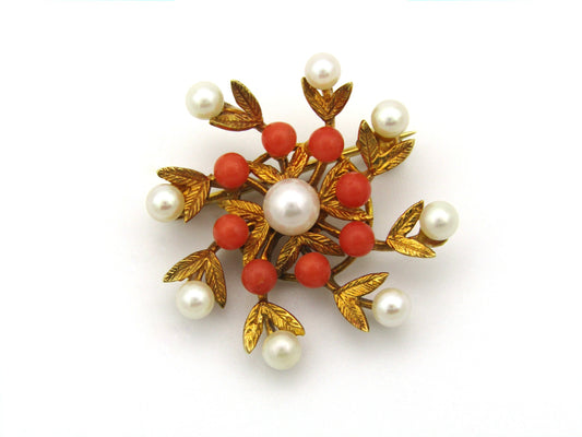 9K gold pearl and coral brooch, London 1964, by H&T.