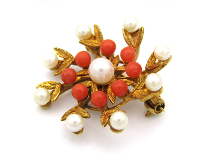 9K gold pearl and coral brooch, London 1964, by H&T.