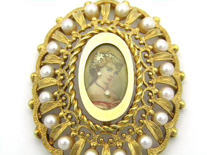 14K gold seed pearl hand painted miniature pendant, circa 1900.