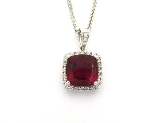 18K gold rubellite tourmaline and diamond pendant.