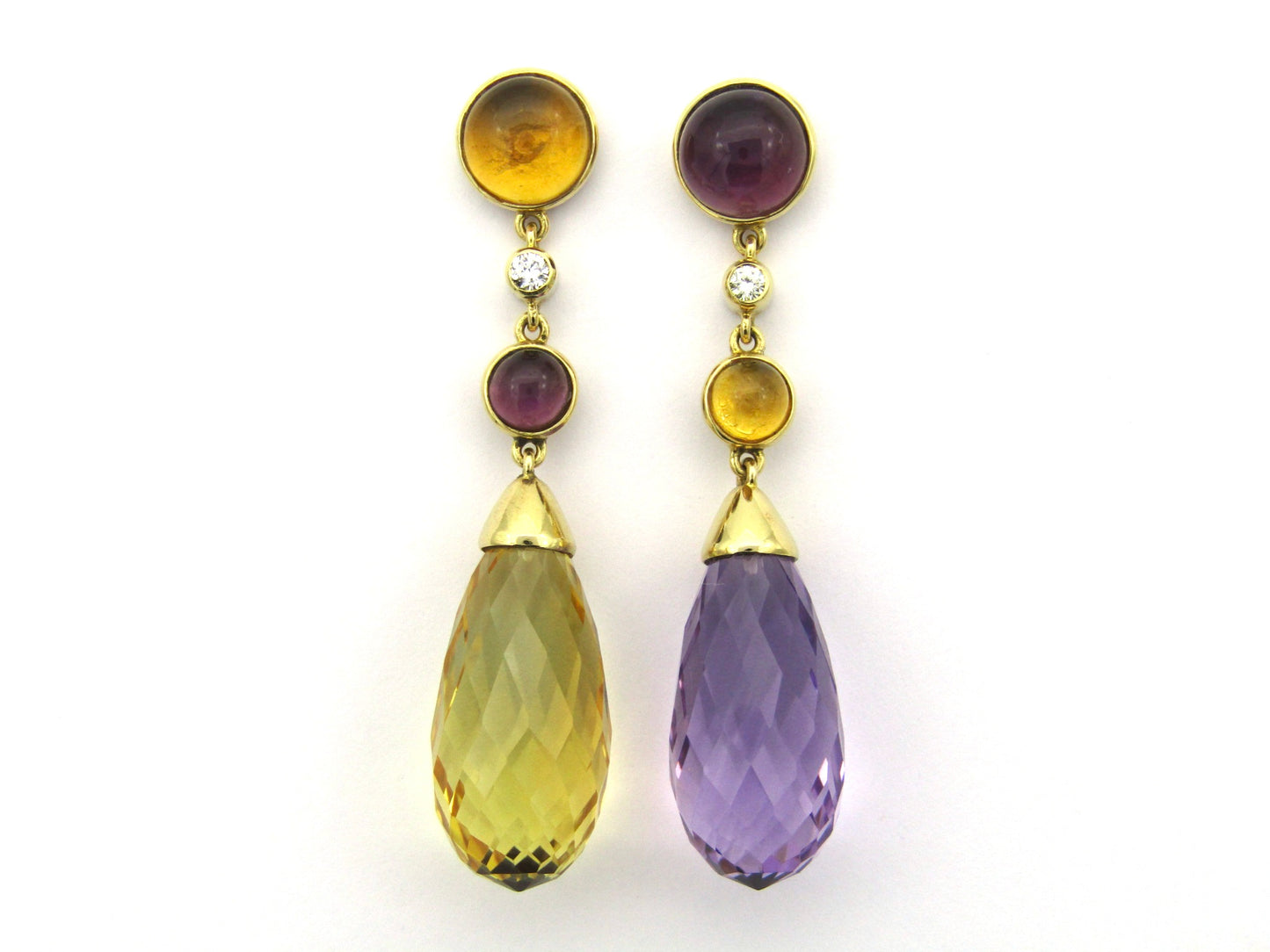 18K gold amethyst, citrine, and diamond drop earrings.