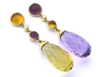 18K gold amethyst, citrine, and diamond drop earrings.