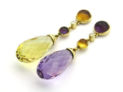 18K gold amethyst, citrine, and diamond drop earrings.