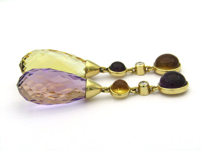 18K gold amethyst, citrine, and diamond drop earrings.