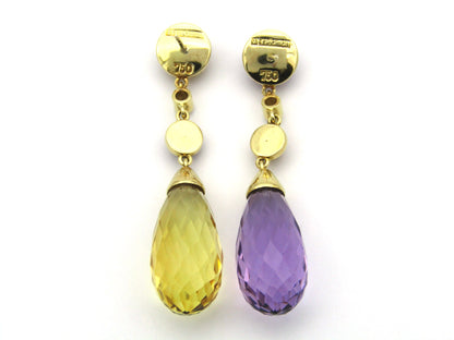 18K gold amethyst, citrine, and diamond drop earrings.