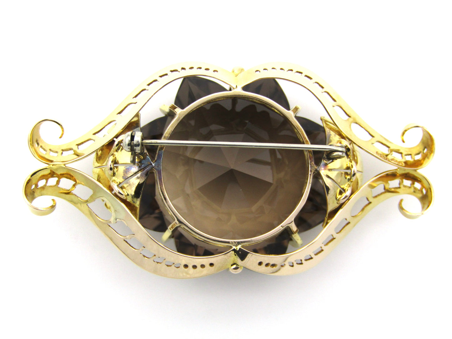 Large 9K gold smoky quartz brooch, circa 1950.