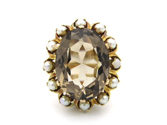 9K gold smoky quartz and pearl ring by Zeeta, circa 1950's.