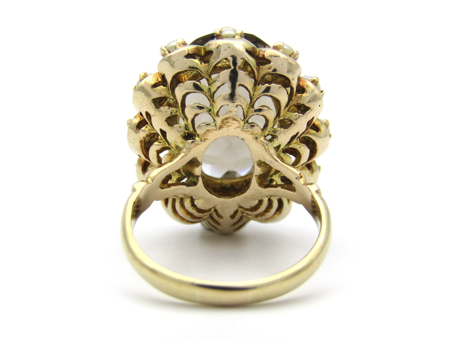 9K gold smoky quartz and pearl ring by Zeeta, circa 1950's.