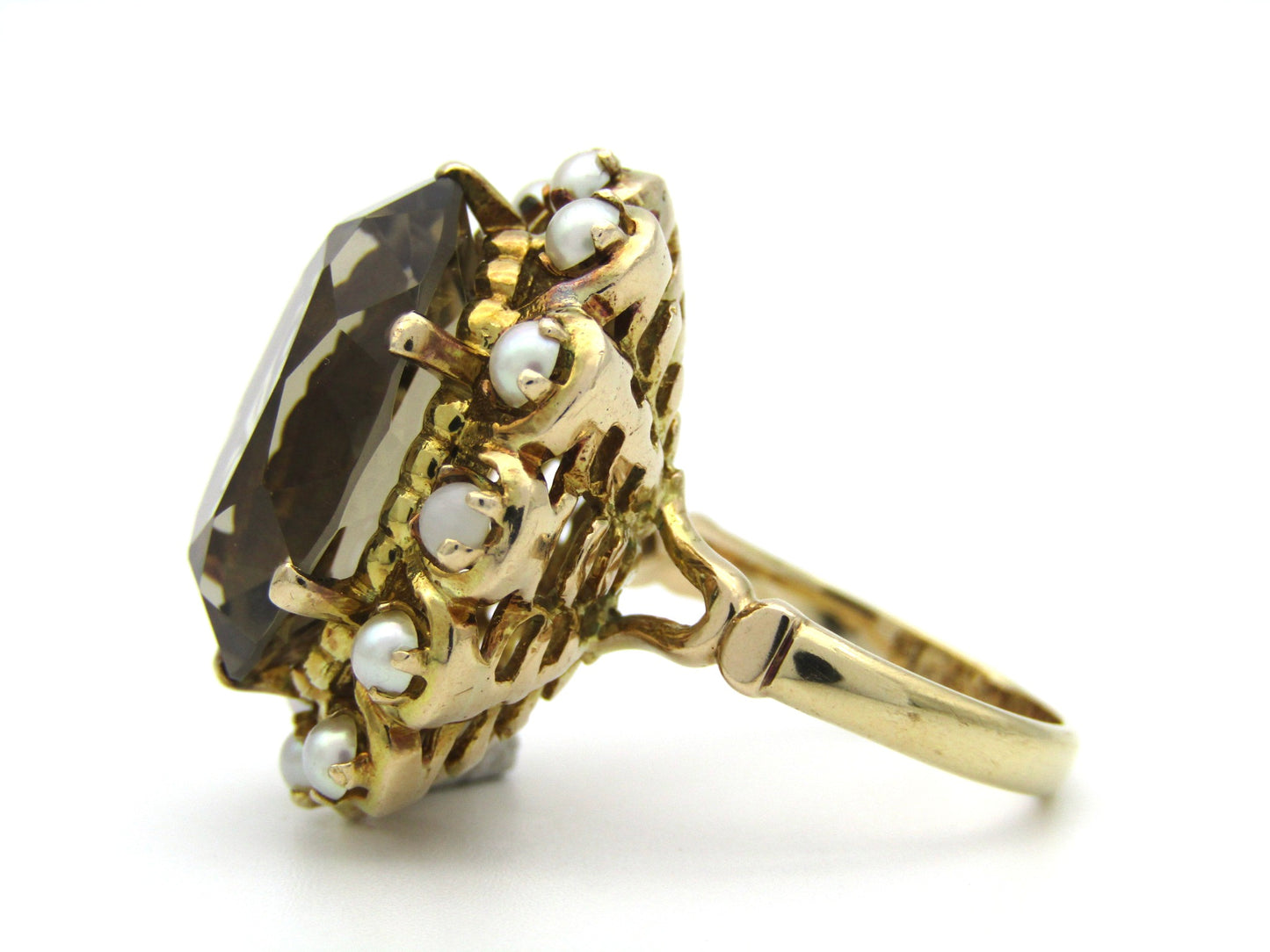9K gold smoky quartz and pearl ring by Zeeta, circa 1950's.