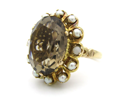 9K gold smoky quartz and pearl ring by Zeeta, circa 1950's.