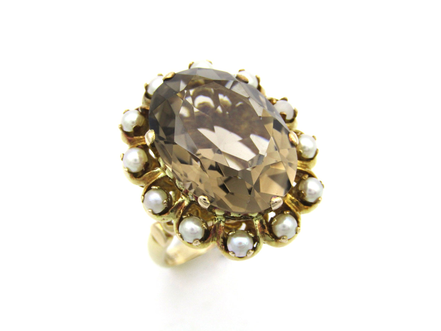 9K gold smoky quartz and pearl ring by Zeeta, circa 1950's.