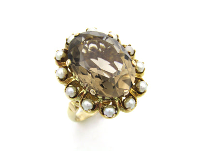9K gold smoky quartz and pearl ring by Zeeta, circa 1950's.