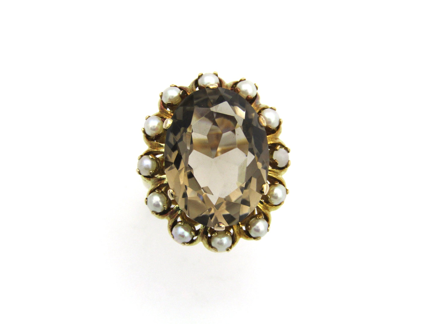 9K gold smoky quartz and pearl ring by Zeeta, circa 1950's.